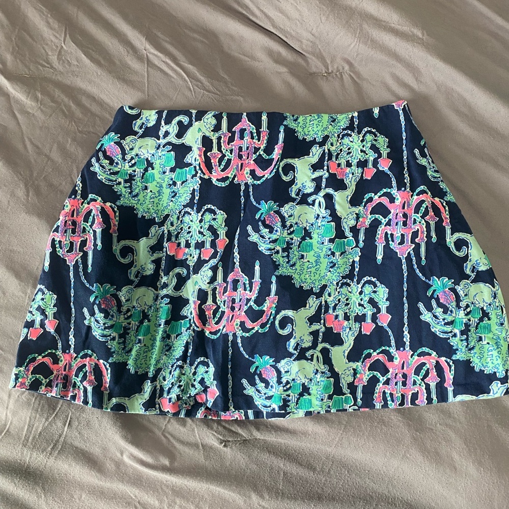 Lilly Pulitzer Navy Skirt with Pink and Green Chandelier Print